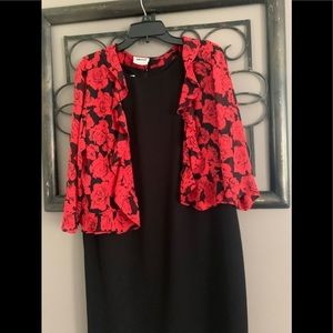 Leslie Fay Black Dress with Red and Black Floral Jacket size 12